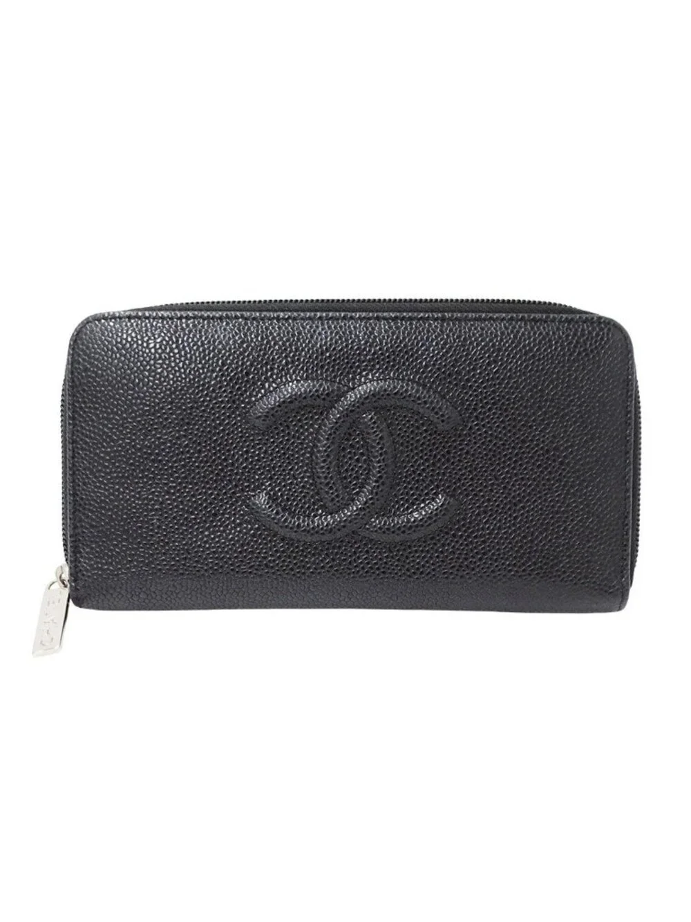 Chanel Wallet Caviar Leather Black Silver Zip Around Logo Adult